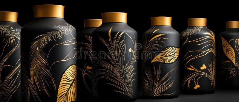 A collection of black vases with gold leaf designs, arranged in a row. royalty free stock photos