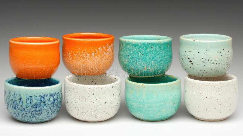 A collection of nine ceramic bowls in various colors and patterns, arranged in a row. royalty free stock photos