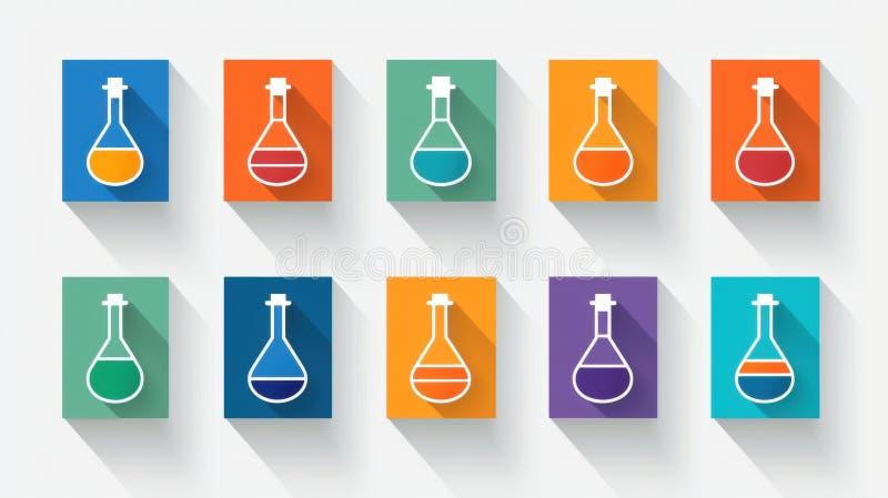 A collection of ten colorful chemical flask icons, each with a unique color and label. royalty free stock photography