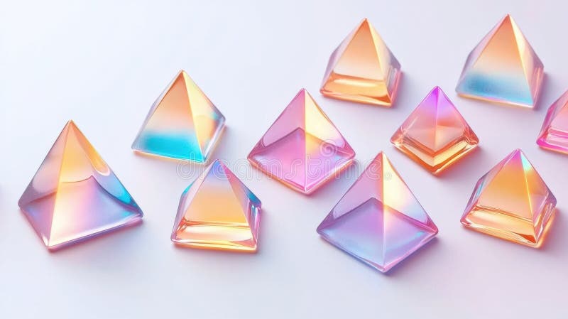 A collection of colorful, faceted gemstones arranged in a loose triangular pattern. stock photo