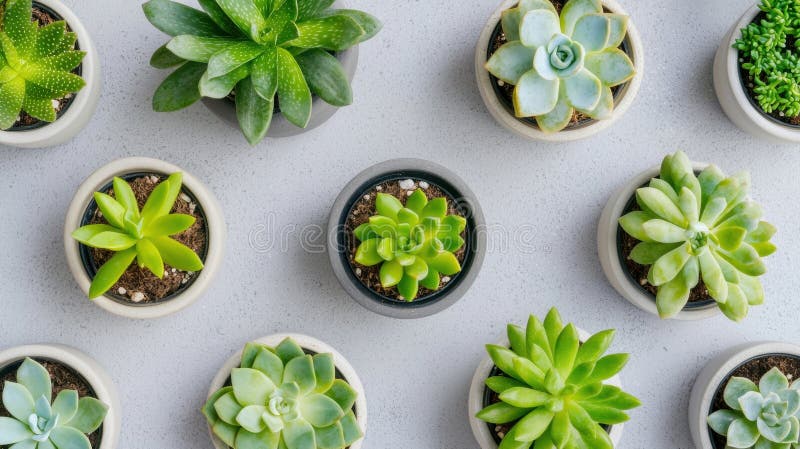 A collection of nine potted succulents arranged in a 3x3 grid on a light gray background. royalty free stock photography