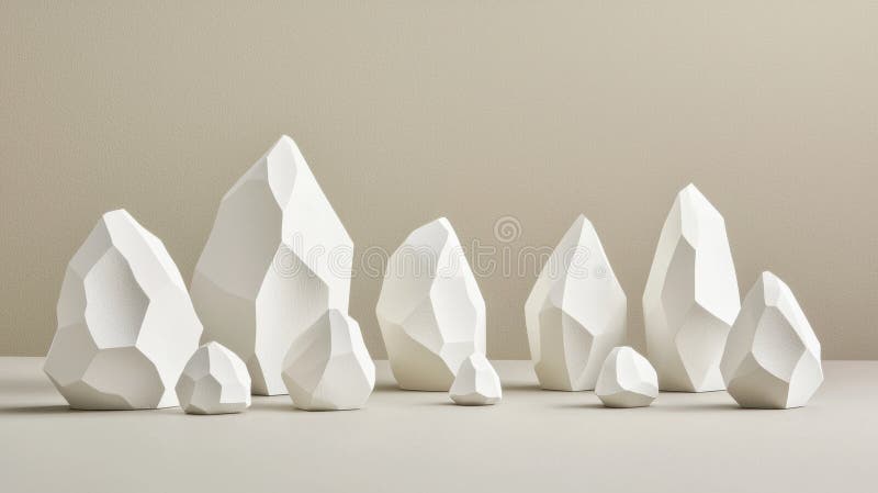A collection of white, geometric sculptures in various shapes and sizes. stock photos