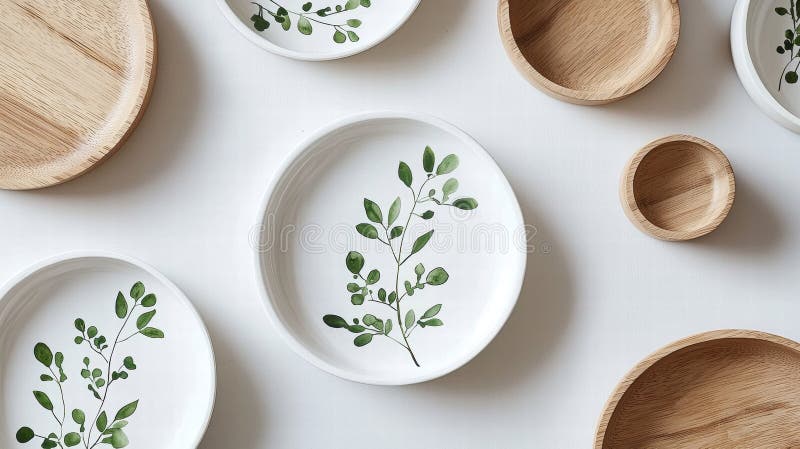 A collection of white plates and bowls with green leaf designs. vector illustration