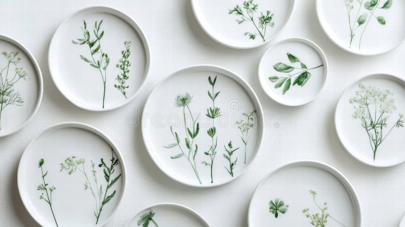 A collection of white plates with green plant designs. vector illustration