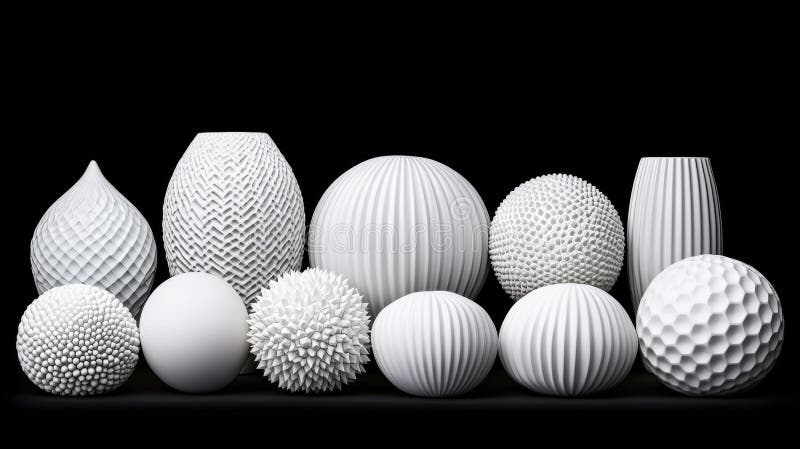 A collection of white, abstract sculptures in various shapes and sizes. stock photo