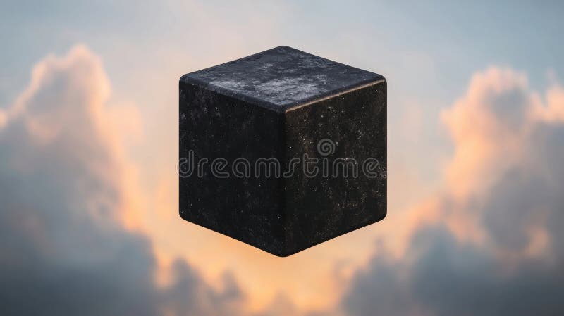 A black cube with a textured surface floats in the air against a backdrop of a cloudy sky. vector illustration