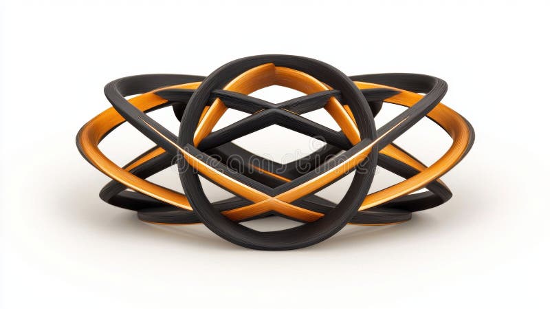A 3D rendering of a complex, abstract structure composed of interconnected loops and curves in black and gold. vector illustration