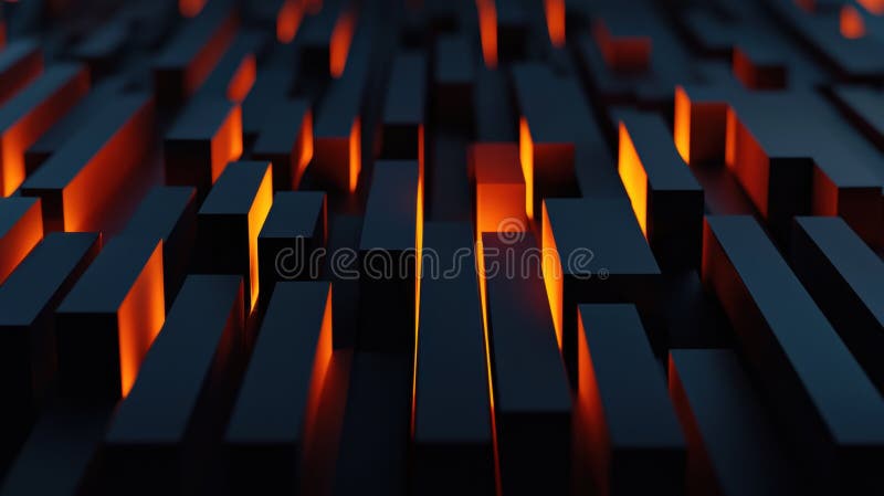 A 3D rendering of a complex geometric pattern composed of black and orange cubes. vector illustration