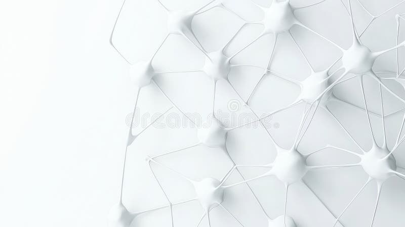 A 3D rendering of a complex network of white spheres connected by thin white lines. royalty free illustration
