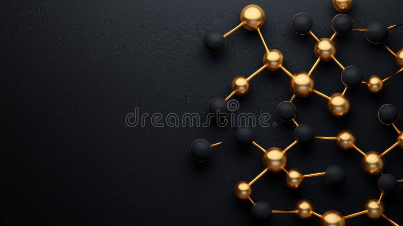 A 3D rendering of a molecular structure in gold spheres and black atoms. royalty free illustration
