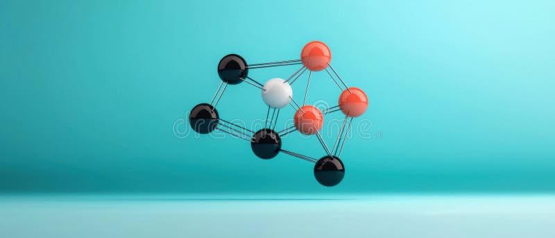 A 3D rendering of a molecule with black, white, and orange spheres connected by lines. royalty free illustration