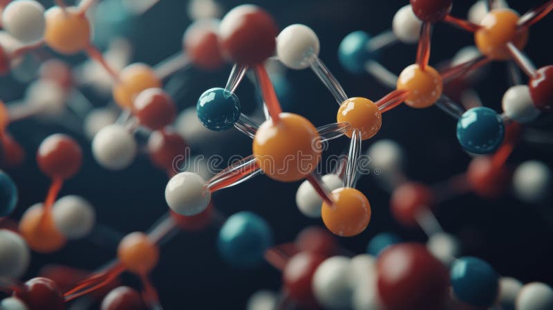 A 3D rendering of a molecular structure, composed of spheres and lines, with a focus on the central cluster. royalty free illustration