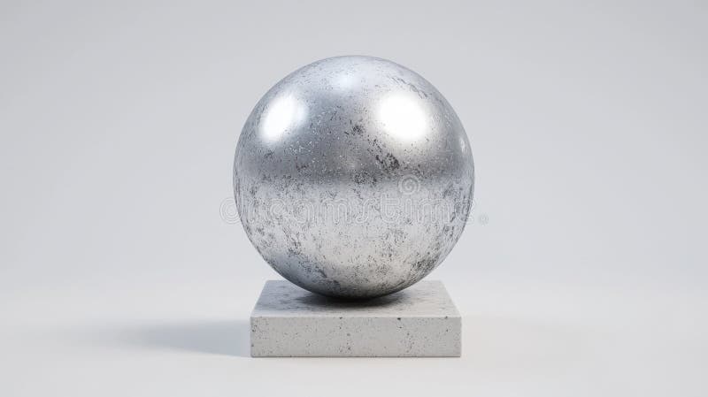 The image presents a d rendering of a silver sphere resting on a gray concrete block the sphere has a textured surface giving it a ilustração stock