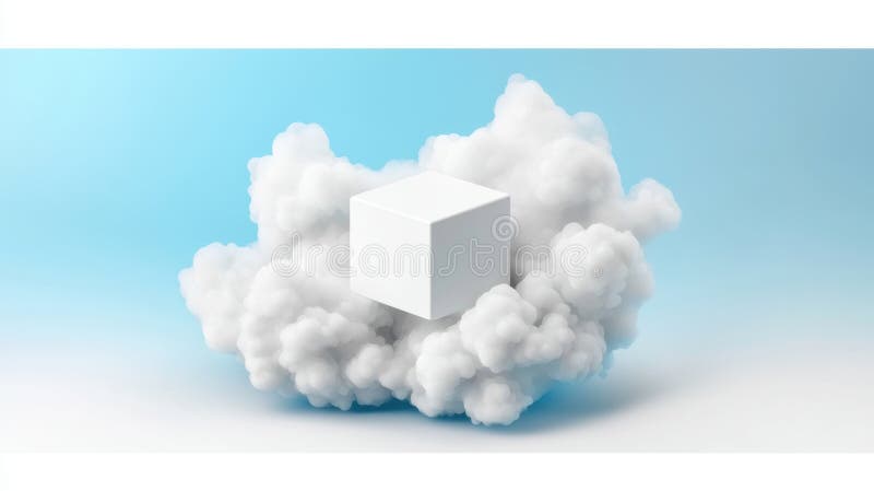 A white cube is suspended in mid-air above a cloud formation. vector illustration