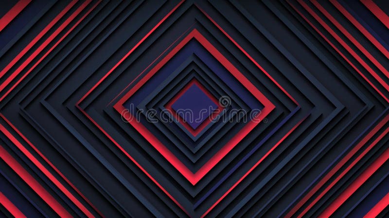 A 3D geometric pattern of overlapping red and blue lines forming a diamond shape. The image presents a digital art piece featuring a complex pattern of intersecting diagonal lines. The lines are primarily dark blue and black, with a few red lines interspersed throughout. The lines create a sense of depth and perspective, with the lines converging towards the center of the image, forming a diamond-like pattern. The color palette is predominantly dark blue and black, with accents of red, creating a striking contrast. The image is composed of multiple layers of lines, giving it a three-dimensional appearance. AI generated