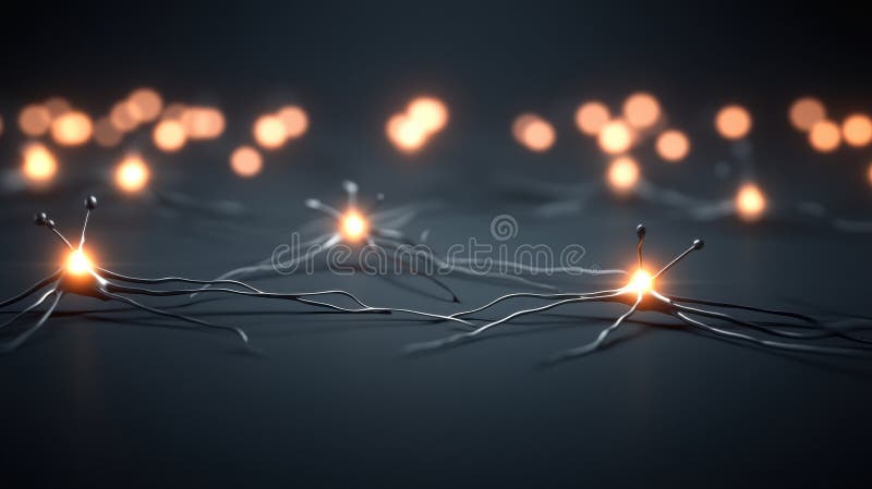 A digital illustration of a network of glowing wires. stock photo