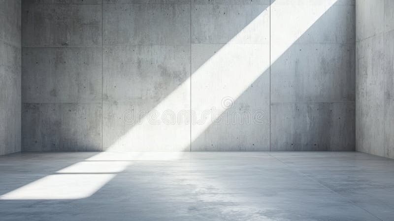 The image presents a large, empty room with a concrete floor and walls. The walls are made of large, rectangular concrete panels, creating a textured surface. The room is bathed in natural light streaming in from the right side, casting long shadows on the floor. The light source is positioned near the top center of the image, illuminating the room from above. The concrete floor appears to be smooth and clean. The overall impression is one of simplicity and emptiness. Large rectangular light source stock images, royalty-free photos and pictures