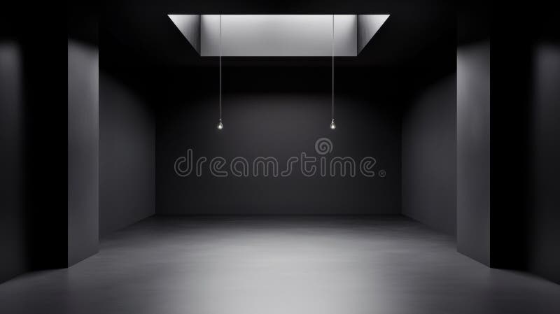 The image presents a minimalist room with a large, rectangular skylight at the center, casting a soft glow on the dark gray walls. Two light fixtures hang from the ceiling, illuminating the space. The room features a smooth, gray floor and is devoid of any furniture or objects, creating a sense of emptiness. The skylight is centrally located, providing a focal point for the room. The lighting in the room is primarily from the skylight, with the walls and floor appearing dark gray. Large rectangular light source stock images, royalty-free photos and pictures