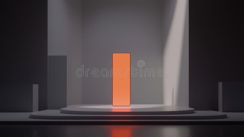 The image presents a minimalist scene featuring a large, orange, rectangular object standing on a white pedestal. The pedestal is situated on a gray platform, which is part of a larger gray structure. The background is a stark contrast of black and white, with a light source illuminating the orange object from the top right corner. The overall composition is simple and geometric, with the orange object as the focal point. Large rectangular light source stock images, royalty-free photos and pictures