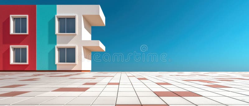 The image presents a modern building with a unique design featuring a white section on the left side and a red section on the stock afbeeldingen