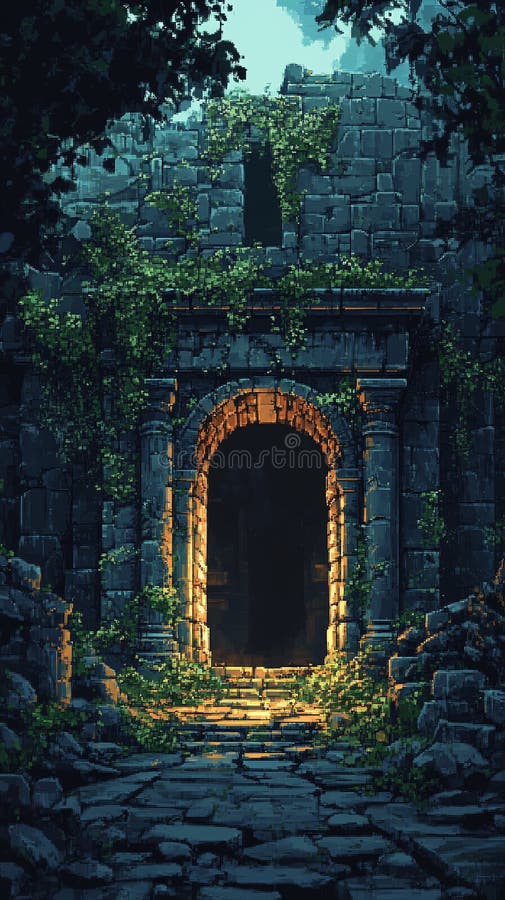Mystical Ancient Stone Archway Surrounded by Lush Greenery and Soft Glowing Light vector illustration