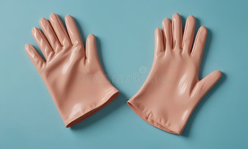 Pair pink rubber gloves lies flat on blue background. royalty free illustration