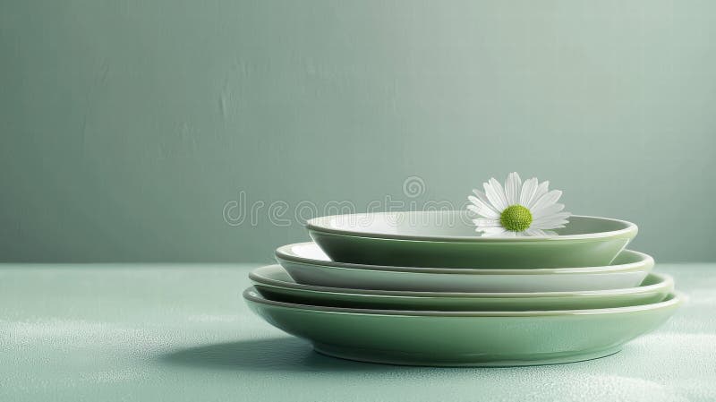 A white daisy with green center sits atop a stack of green plates. royalty free illustration