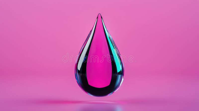 The image presents a single, clear glass teardrop-shaped object with a gradient of color, transitioning from pink at the top to a darker blue/black at the bottom. The object is positioned centrally against a solid pink background, creating a striking contrast. The teardrop shape is symmetrical, with the top and bottom edges mirroring each other, and the object appears to be floating in mid-air. Mirroring object stock images, royalty-free photos and pictures