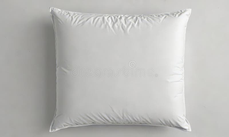 The image presents a single, pristine white pillow resting on a plain white background. The pillow is positioned centrally in the frame, with no other objects or text present. The background is a solid, unadorned color, which contrasts with the pillow and draws attention to it. The pillow appears to be in good condition, suggesting it is new or well-maintained. The image does not contain any discernible text or other objects, and the relative position of the pillow to the background remains constant. The absence of any other objects or text allows the viewer to focus solely on the pillow, which is the central and most prominent element of the image. The simplicity of the background and the lack of any other objects or text create a sense of tranquility and calmness, which is further emphasized by the pillow's pristine condition. Plain objects illustrations