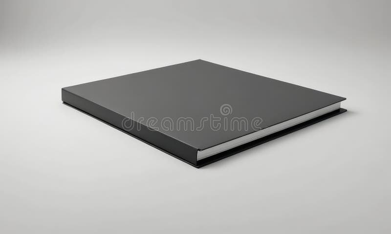 The image presents a single, square, black book resting on a white background. The book is positioned in the center of the frame, with its spine facing upwards. The background is plain and white, which contrasts with the book's dark color and creates a sense of simplicity and focus. The book appears to be closed, suggesting it is ready to be opened and read. The absence of any other objects or text in the image allows the viewer to concentrate on the book and its details. The overall composition and lighting create a sense of depth and dimension, drawing the viewer's attention to the book as the central subject. Plain objects illustrations