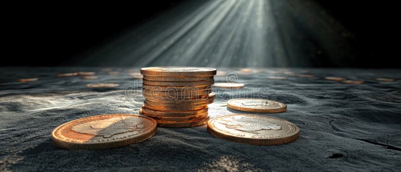 The image presents a stack of gold-colored coins, possibly US dollar coins, on a dark gray, rocky surface. The coins are arranged in a pyramid-like formation, with the largest coin at the top and the smallest at the bottom. The surface appears to be a rocky terrain, possibly a beach or a rocky area. The background is dark, with a bright light source shining down from above, creating a dramatic effect. The light source appears to be a spotlight or a light beam, illuminating the coins and the surface. Like rocky terrain stock images, royalty-free photos and pictures