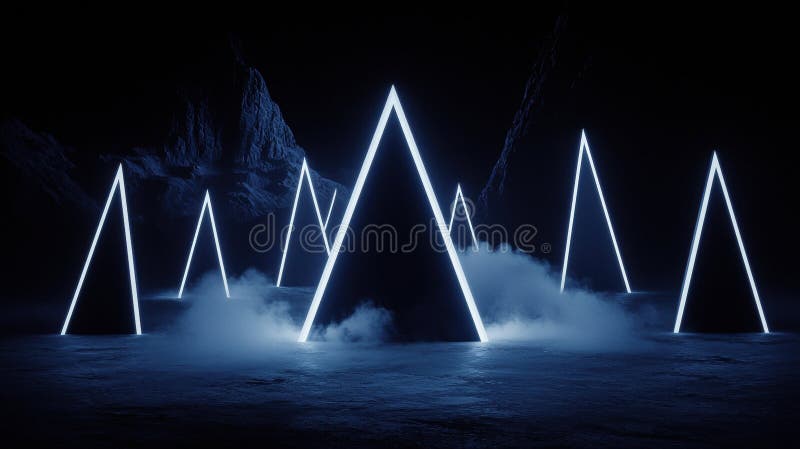The image presents a surreal scene of a dark, possibly cave-like environment. The dominant feature is a group of glowing blue triangular shapes, which appear to be illuminated from within, casting a soft glow on the surrounding area. These shapes are arranged in a loose formation, with some closer to the foreground and others further back, creating a sense of depth. The background is a dark, possibly rocky or mountainous terrain, which contrasts with the bright blue of the triangular lights. The ground beneath the triangular lights is a dark blue, possibly representing a rocky surface. Like rocky terrain stock images, royalty-free photos and pictures