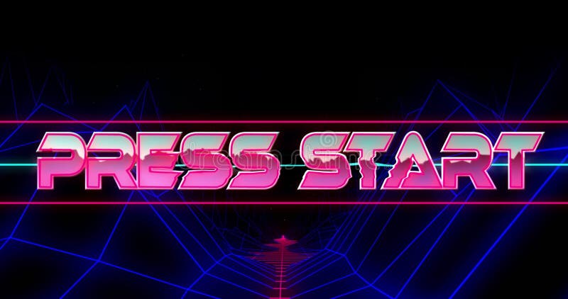 Image of press start text in metallic pink letters over blue neon glowing mesh royalty free illustration