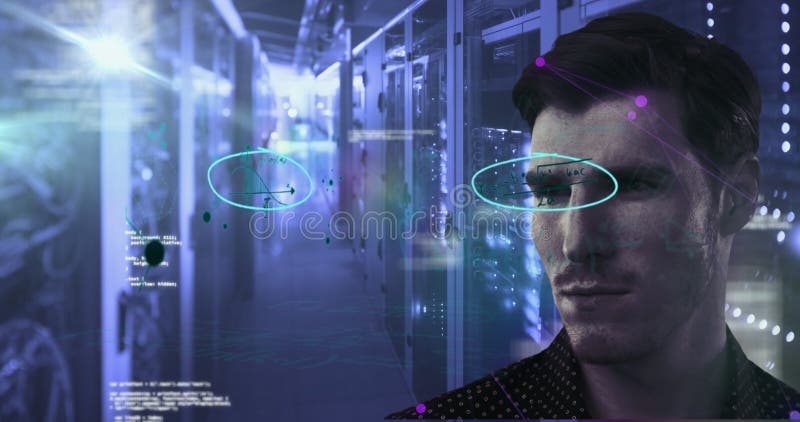 Image of processing data and digital interface moving over portrait of Caucasian man in computer ser royalty free stock photos