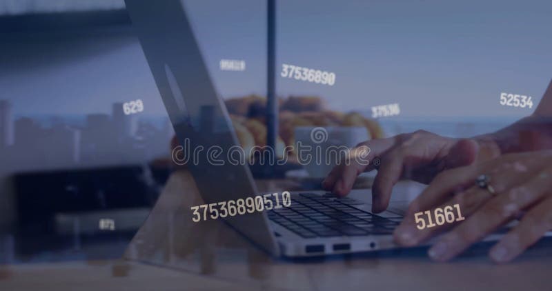 Image of processing data over hands of caucasian woman using laptop stock image