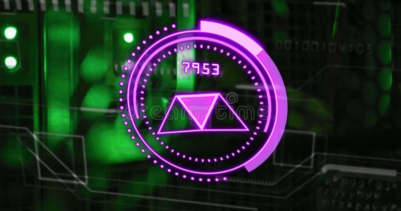 Imaginea cercului violet cu numere pe ecranul digital verde stock illustration
