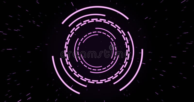 Image of purple circular interfaces pulsating and spinning over specks on black background stock illustration