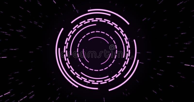 Image of purple circular interfaces pulsating and spinning over specks on black background royalty free illustration