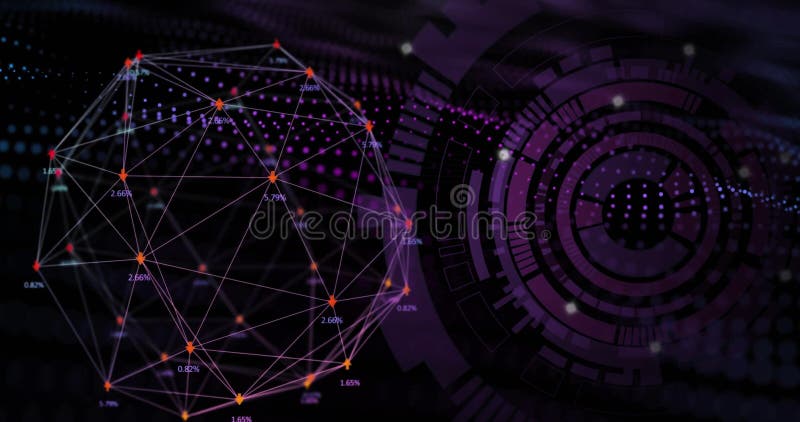 Image of purple circular scanner and global network processing data on black background royalty free stock image