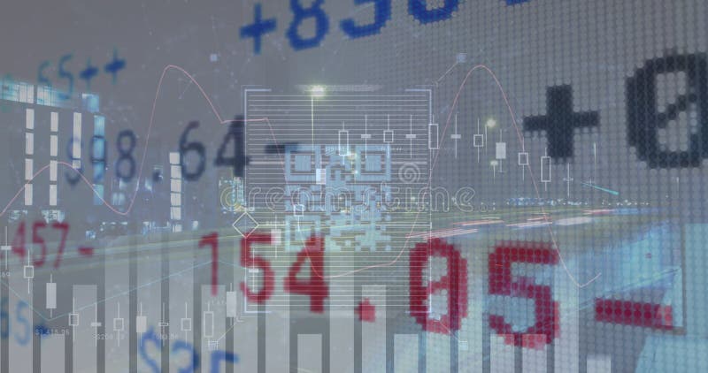Image of qr code and financial data processing over cityscape stock illustration