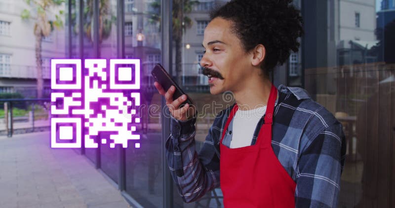 Image of qr code over biracial businessman talking on smartphone royalty free stock image
