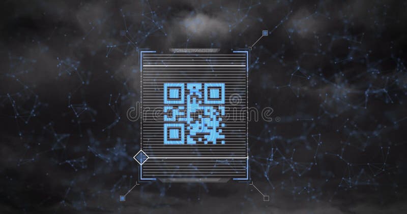 Image of qr code scanner and network of connections against thunder and dark clouds stock illustration