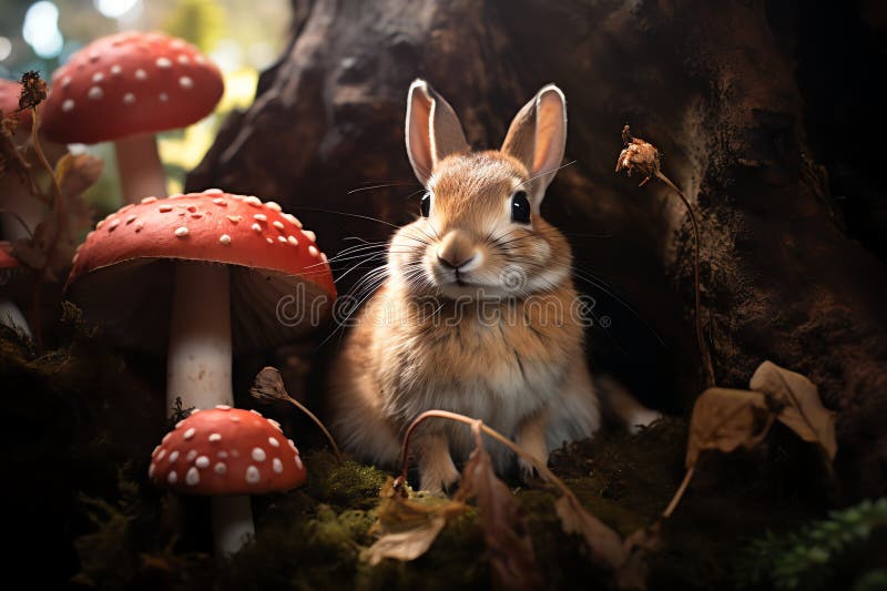Rabbit on Mushrooms Magical Fairytale World Stock Illustration