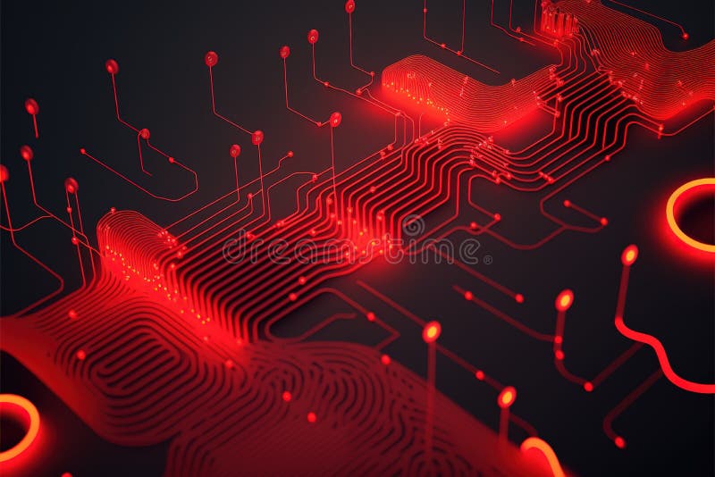 Image of red 3d computer circuit board and red light trails on dark background royalty free illustration