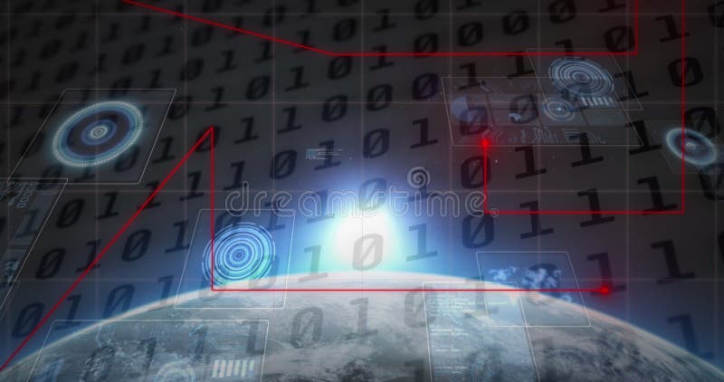 Image of red moving dots forming lines with binary code, circles and glare over globe vector illustration