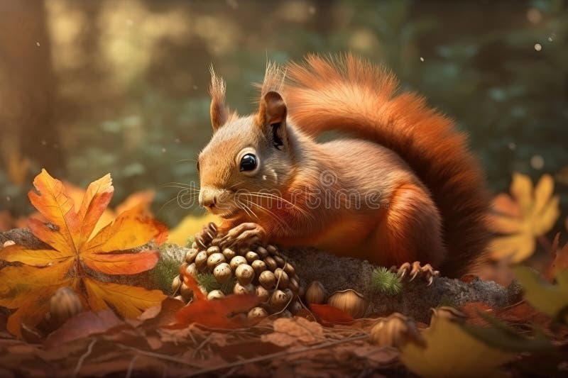 Image of a red squirrel eating walnuts in the forest. Wildlife Animals. Illustration. Generative AI