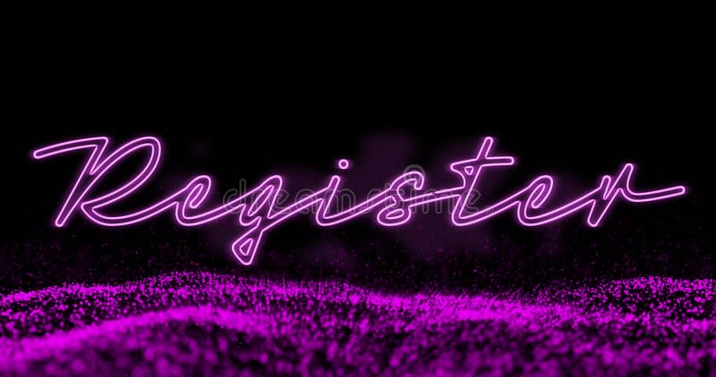 Image of register purple neon text with purple glowing mesh over black background vector illustration