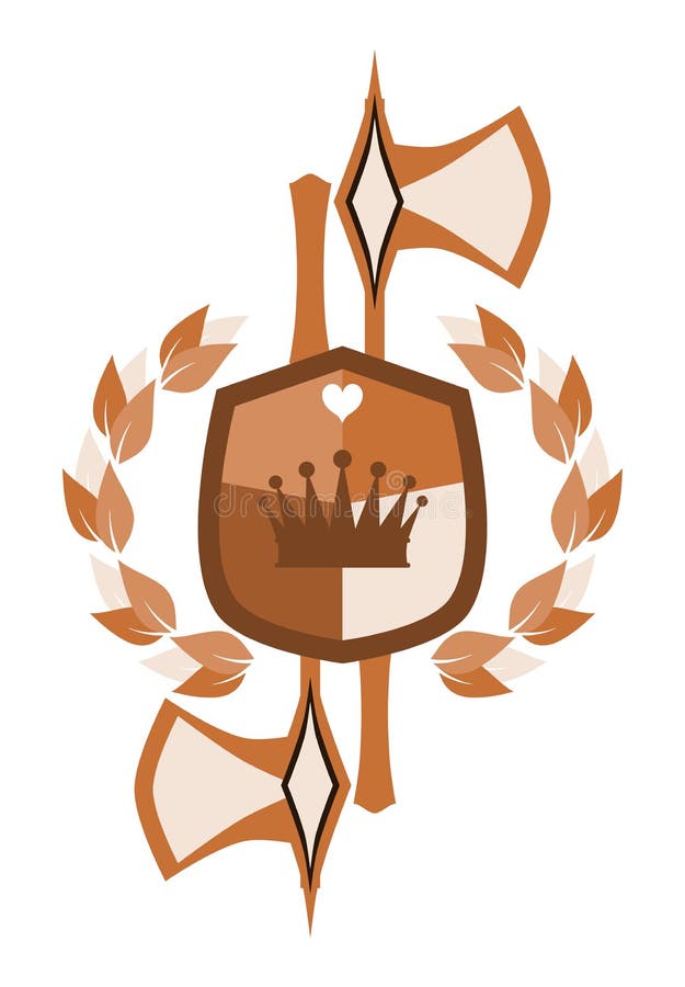 Crown on composition with axes, heraldry, coat of arms, isolated. stock illustration