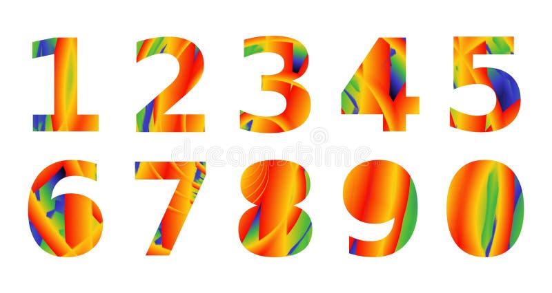 Set of cardinal numbers, digits, artistic orange pattern, mathematics, isolated. vector illustration