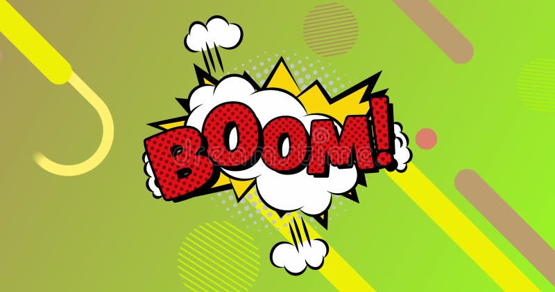Image of retro boom text and abstract shapes moving over green background vector illustration